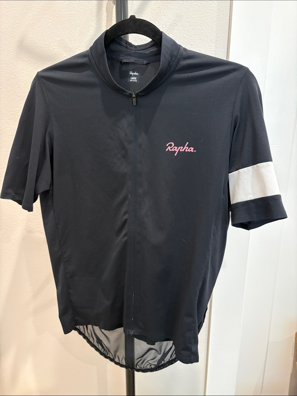 Rapha Black Short‑Sleeve Cycling Jersey with Pink Logo and White Band & pockets